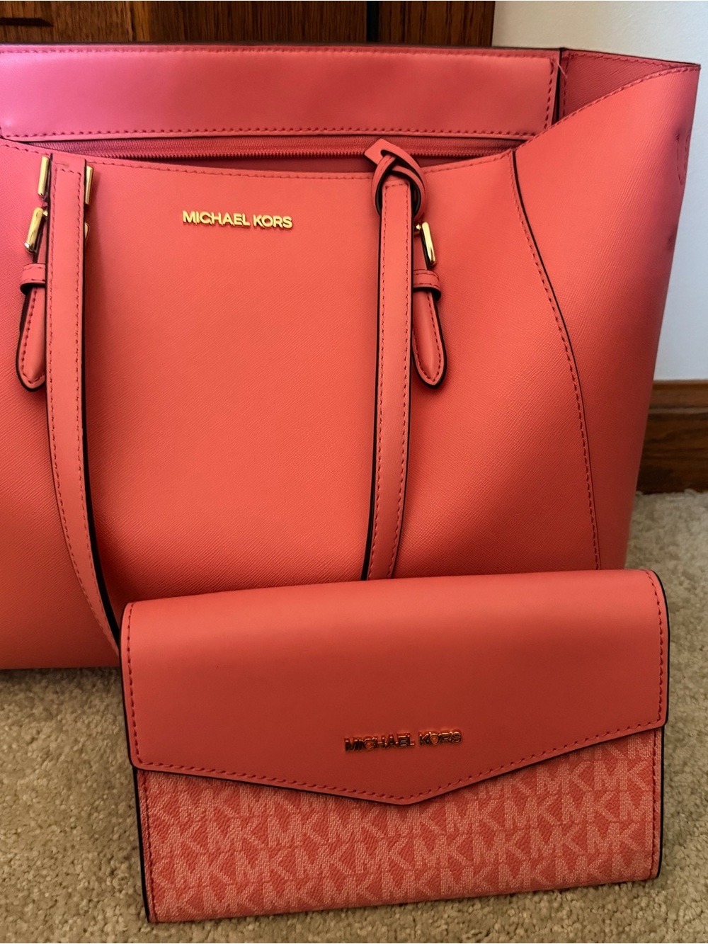 Michael Kors Coral-Pink Tote with Matching Wallet